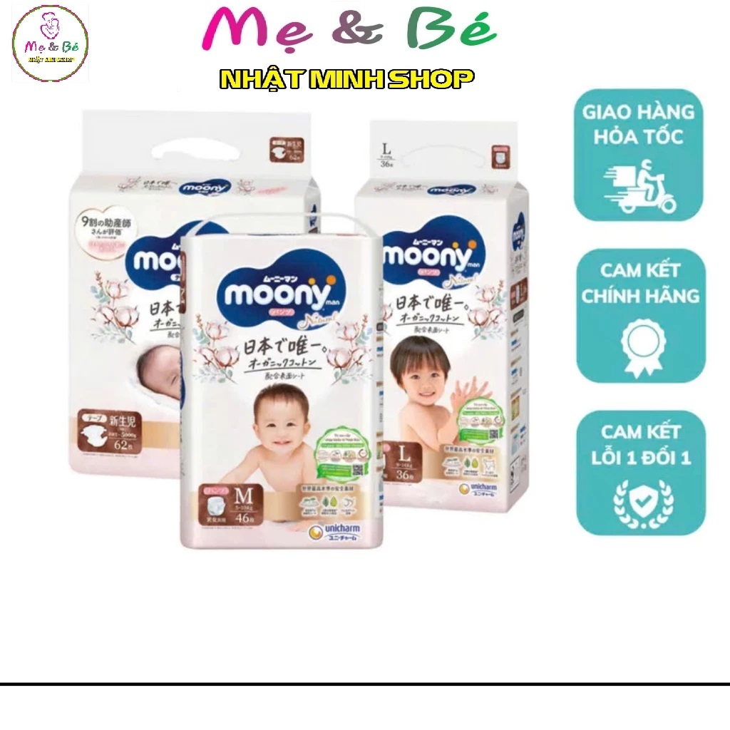 Combo 4 bịch Bỉm /Tã dán quần Moony Natural Trắng Nhập Khẩu Dán/Quần NB62/S58/M46/L38/L36/XL32