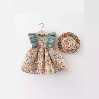  Sét váy áo bé gái babydoll cánh tiên sát nách Hàn Quốc kèm nón mũ nơ hoa đầm đi chơi đi học trẻ em mùa hè thoáng mát 