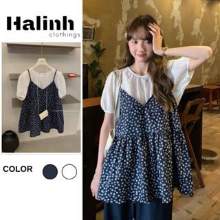  Áo sơ mi trơn tay bồng kem yếm hoa Xanh Than phong cách babydoll by Halinh M337 