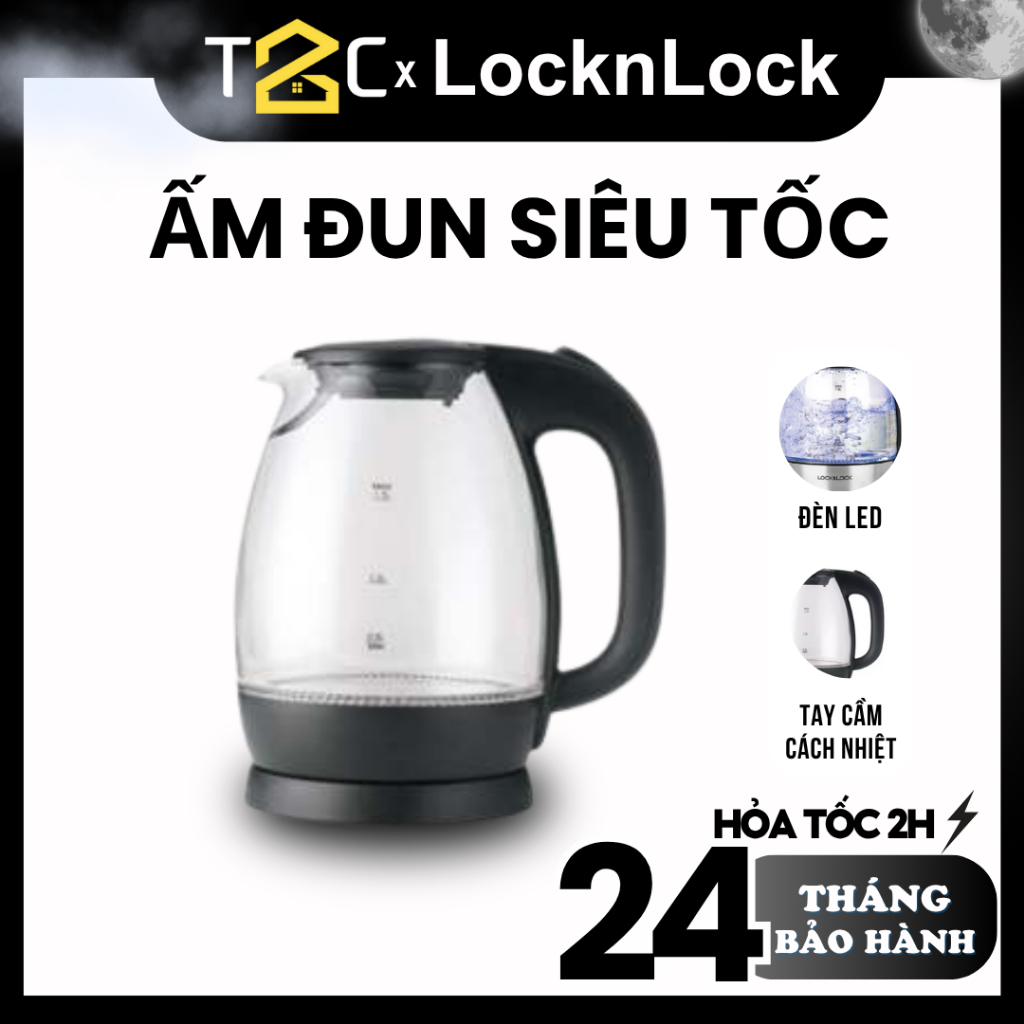 Ấm Thuỷ Tinh Siêu Tốc LocknLock 1.7L Tay Cầm Cách Nhiệt, Đèn LED Xanh Chính Hãng EJK432 - T2C