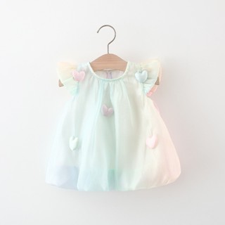  Váy bé gái chiffon ombre óng ánh hồng lấp lánh ngọc trai dáng babydoll cánh tiên Hàn Quốc đính trái tim đầm công chúa 