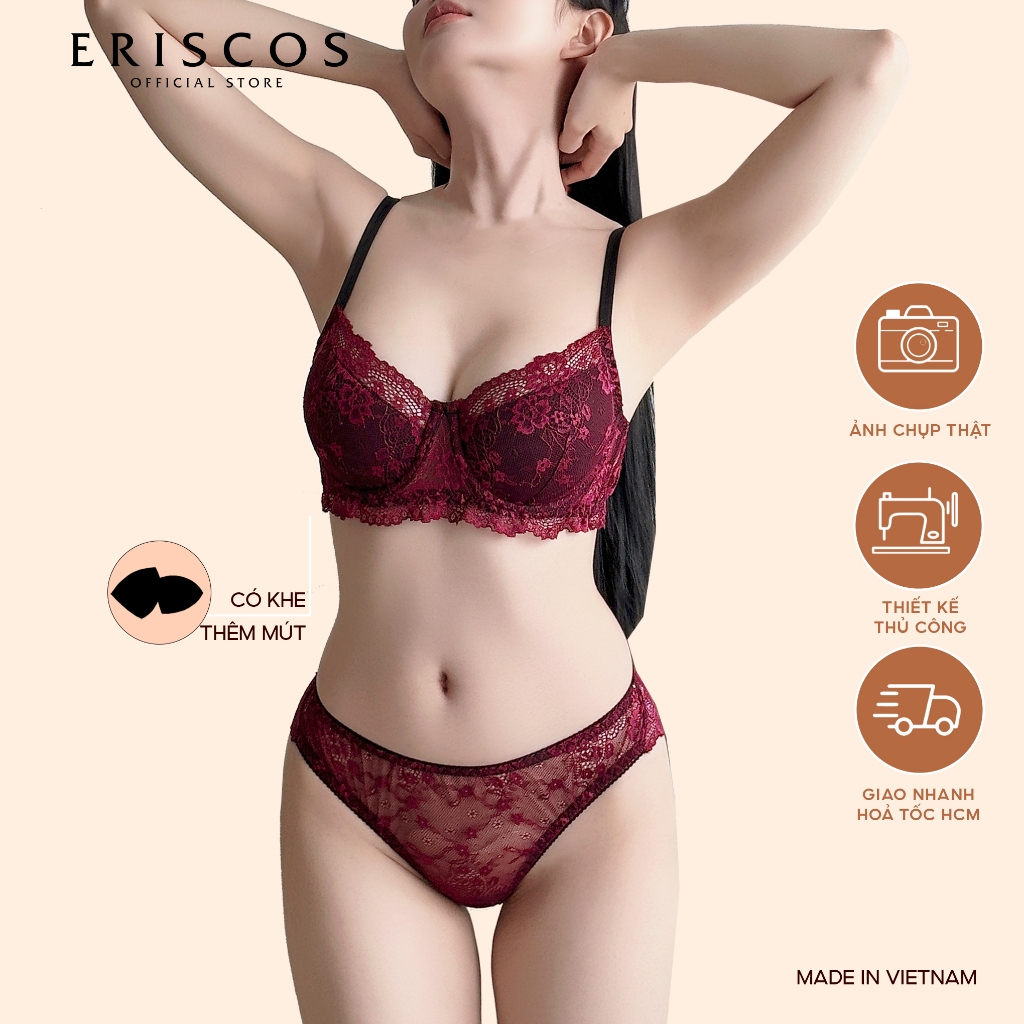 [MỚI VỀ] Bộ quần áo lót ren đỏ đậm Eriscos mix đen cup chéo có gọng không mút quần lót không lộ viền