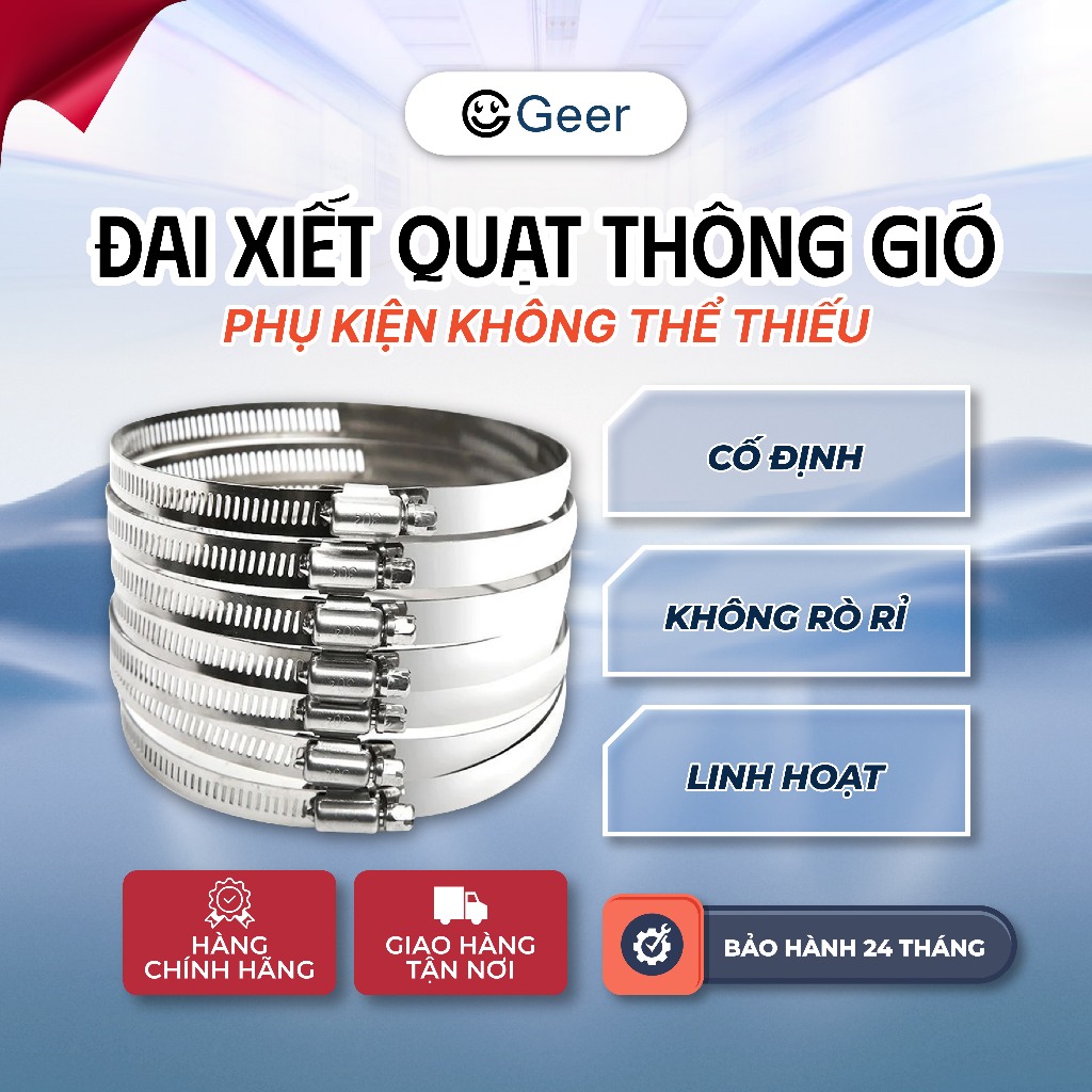 Đai xiết inox GEER cổ dê siết chặt ống gió HF100–HF300, chống gỉ, bền chắc, dùng cho quạt hút – ống 