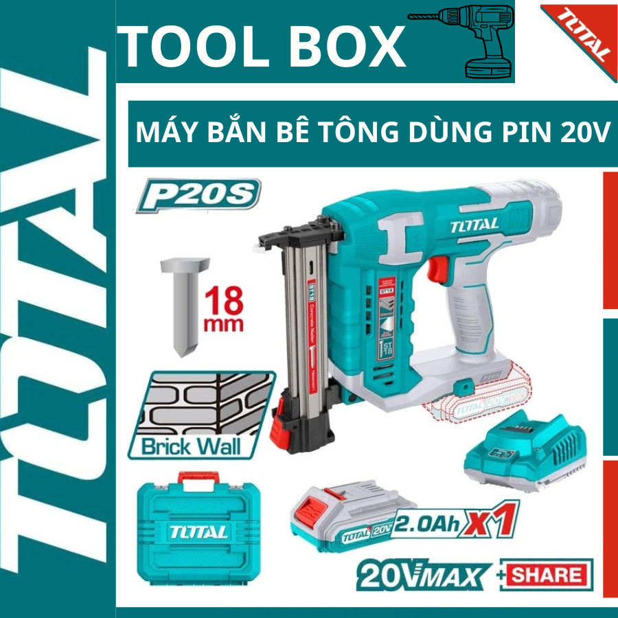 Máy Bắn Đinh Bê Tông Pin TOTAL TCSTLI3808 20V, Bắn Đinh ST18, Full Bộ 1 Pin 2Ah và Sạc, Kèm 200 Đinh