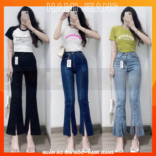  Quần jean ống loe lỡ 90cm xẻ ống cạp cao co giãn quần bò ống loe 9 tấc cạp lưng cao quần bò xẻ gấu 