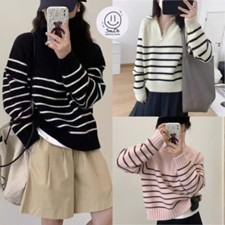  Áo Len Cổ Bẻ Dệt Kim Tay Dài Khóa Kéo Thời Trang Thu Đông Mới Của Pháp Áo Len Polo Sọc Ngang Dáng Vừa | Smide Clothing 