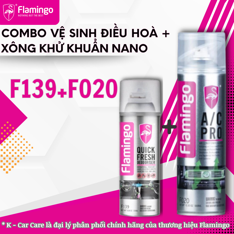 Combo Xịt Vệ Sinh Điều Hòa Flamingo F020 & Khử Khuẩn Nano F139 – Làm Sạch Dàn Lạnh, Khử Mùi Ô Tô, Th