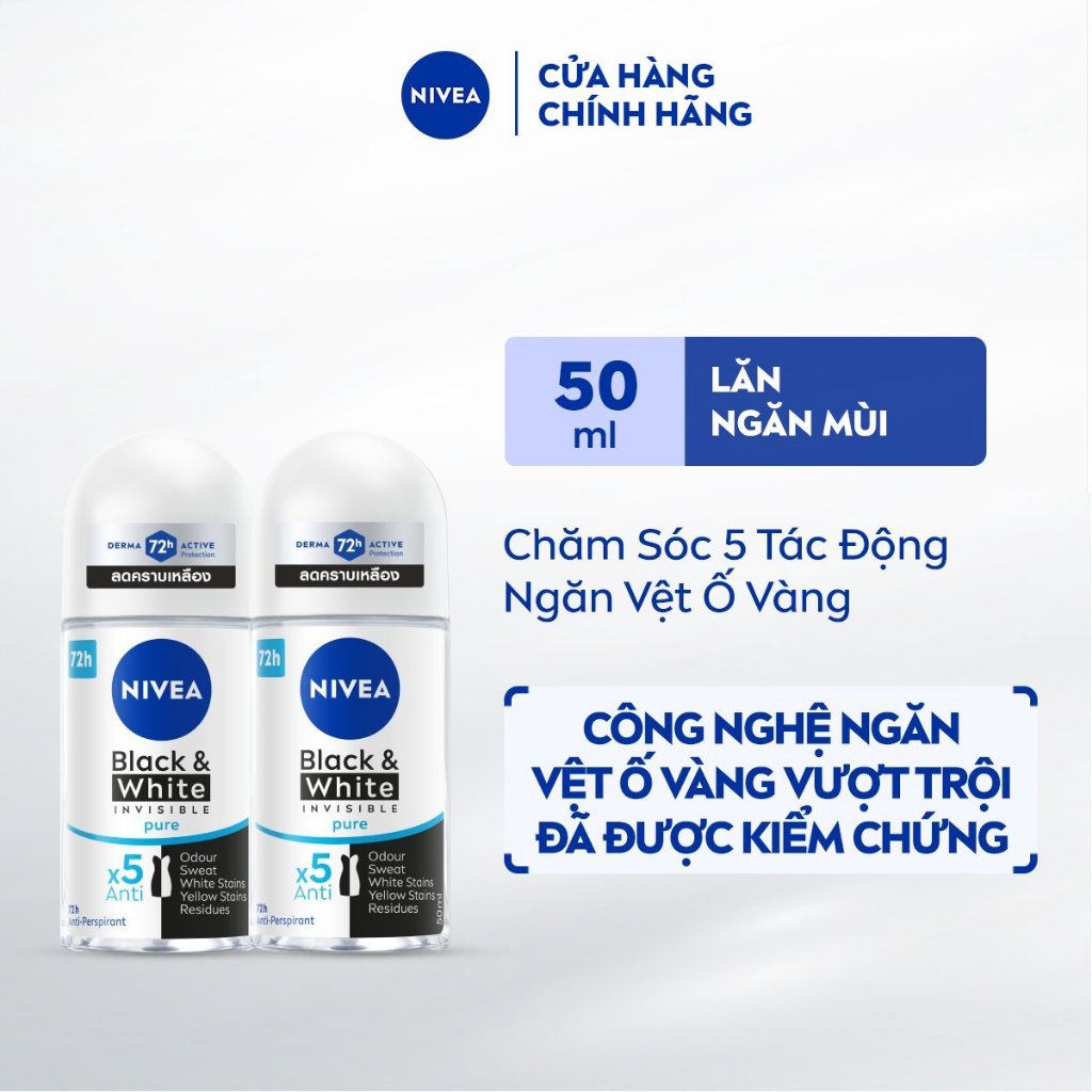 Bộ 2 Lăn Ngăn Mùi NIVEA Black&White 5in1 Ngăn Vệt Ố Vàng (50 ml) - 82234x2