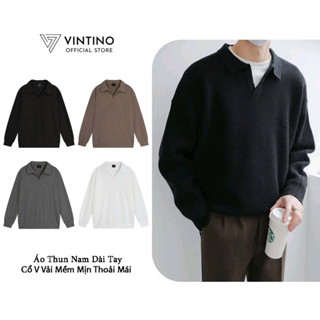  Áo Thun Dài Tay VINTINO Cổ V Polo Vải Thun Tăm Cho Nam Nữ Giữ Nhiệt Mùa Thu Đông Màu Đen Trắng PLDT01 