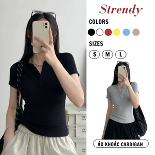 [8/8 VOUCHER 50K] Áo thun cổ trụ tàu ôm body tôn eo hack dáng Strendy, áo zip nữ thiết kế cổ V cotton mịn AT05