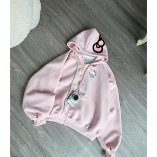 Áo khoác nỉ 2 da CẢN NẮNG KITTY THÊU NƠ khoác zip from rộng chất liệu nỉ tàu l1 phù hợp mặc cả hè thu đông