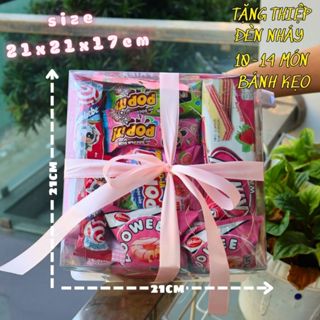 Hộp Quà Trong Suốt Đựng Bánh Kẹo Làm Sẵn Size Nhỏ 21x21x17cm Màu Hồng, Set bánh kẹo, Set quà sinh nhật cho nữ