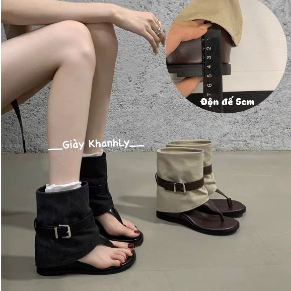 Bốt xỏ ngón đai da style Hàn gót xuồng 5cm ELLA
