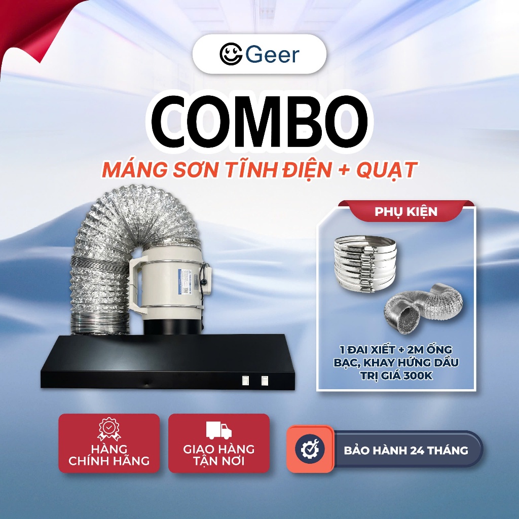 Combo máng hút khói sơn tĩnh điện + quạt hút mùi GEER 75W–130W tặng khay hứng dầu+ ống bạc + đai siết