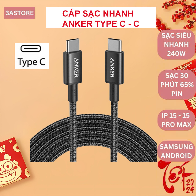 Dây cáp sạc nhanh Type C to C 100W ANKER A8756 A8757 sạc PD cho điện thoại ip 15 16 17 PRM laptop ma