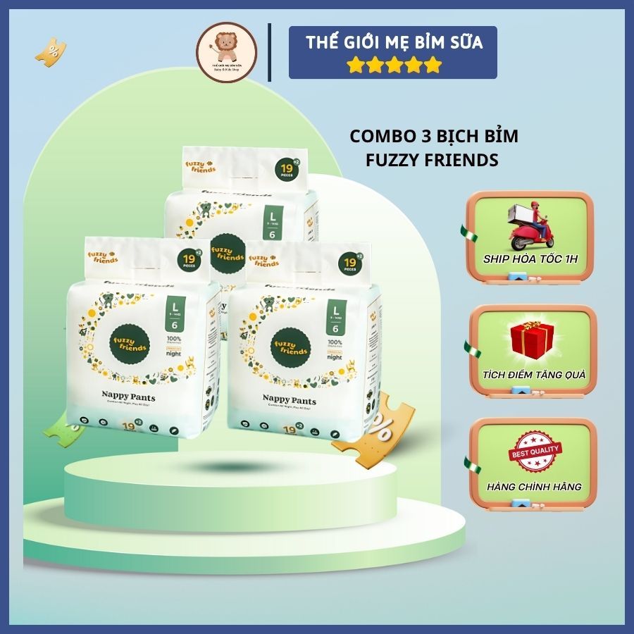 [Thế Giới Mẹ Bỉm Sữa] Combo 3 Bịch Bỉm Premium Fuzzy Friends cao cấp mềm mịn cho bé - thegioimebimsu