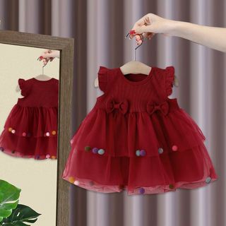 Váy đầm công chúa  Tết bé gái màu đỏ thiết kế tay bèo voan tầng mềm dễ thương từ 7–15kg 