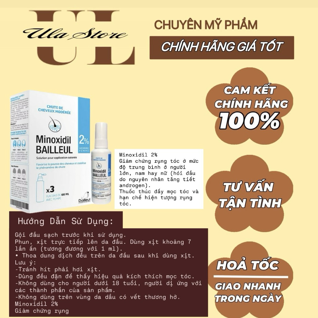 Xịt mọc tóc ,Giảm Gãy Rụng Minoxidil 2% và Minoxidil 5%- Pháp