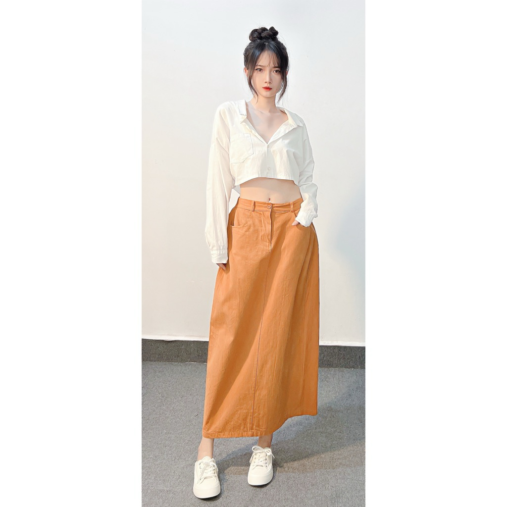 Chân váy dài kaki jean xẻ tà sau