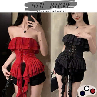  Áo ống  bèo tầng thiết kế đan dây phối tua rua phong cách trẻ trung Áo kiểu nữ  cúp ngực ôm body thời trang HTN_Store 