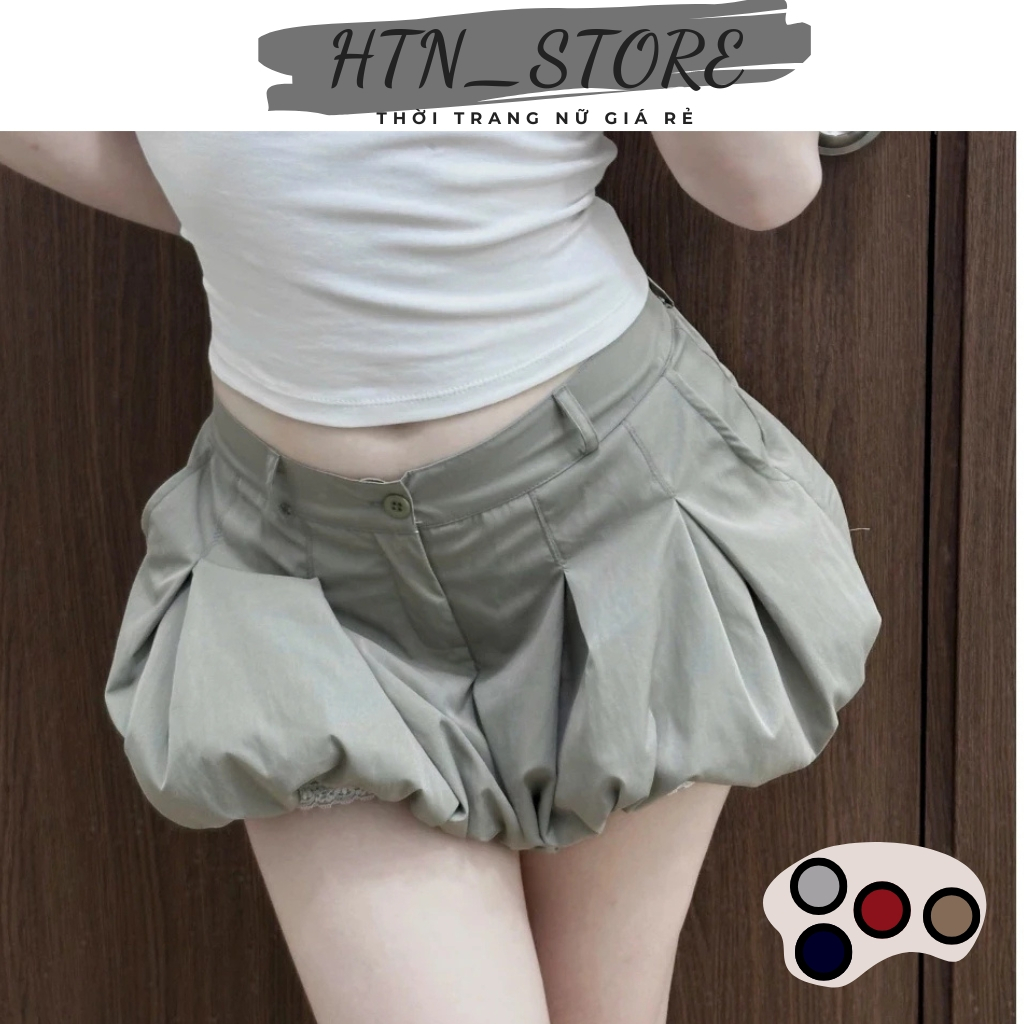 Quần Short Bí Phồng Cạp Trễ Y2K Phối Ren Viền Quần Đùi Nữ  - HTN_Store