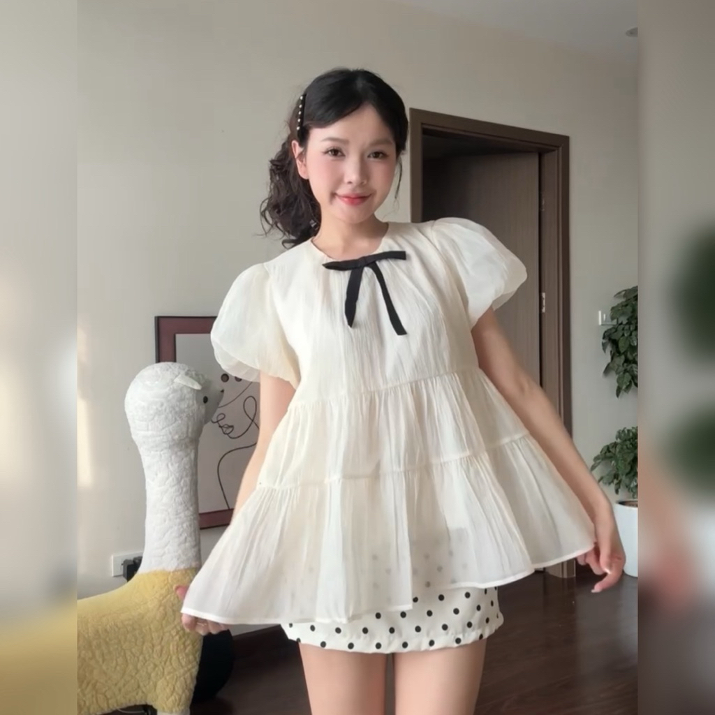 (ÁO KÈM NƠ) Áo nữ kiểu babydoll xoè tay bồng tiểu thư công chúa Dilyshop chất tơ xốp mềm mịn không nhăn - A125 | BigBuy360 - bigbuy360.vn