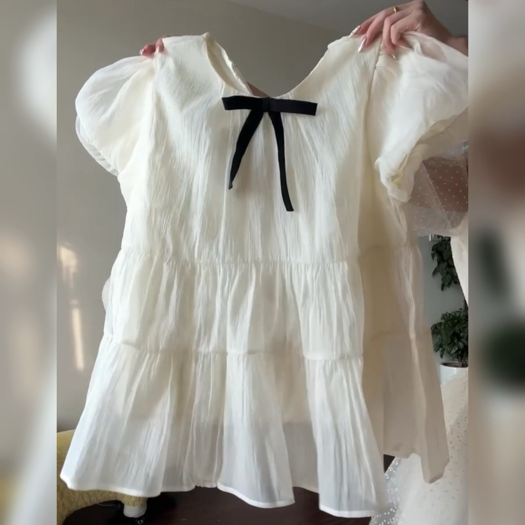 (ÁO KÈM NƠ) Áo nữ kiểu babydoll xoè tay bồng tiểu thư công chúa Dilyshop chất tơ xốp mềm mịn không nhăn - A125 | BigBuy360 - bigbuy360.vn