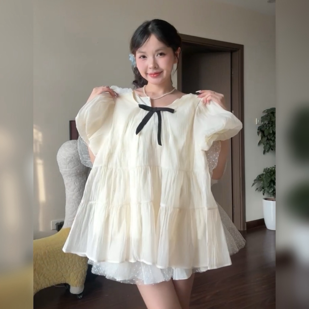 (ÁO KÈM NƠ) Áo nữ kiểu babydoll xoè tay bồng tiểu thư công chúa Dilyshop chất tơ xốp mềm mịn không nhăn - A125 | BigBuy360 - bigbuy360.vn