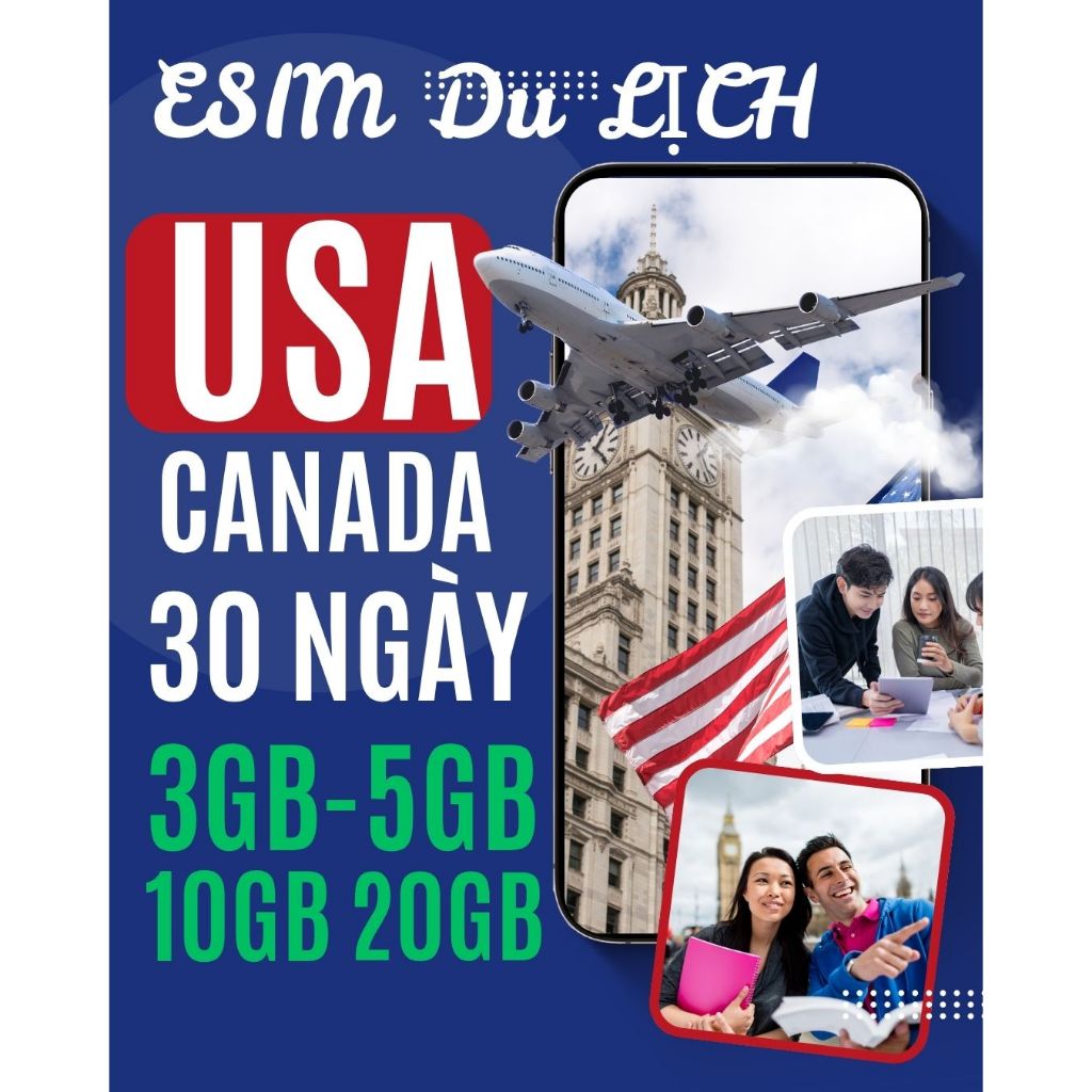 eSIM Du Lịch Mỹ & Canada - 3GB/5GB/10GB/20GB/30 Ngày - 5G Tốc Độ Cao - Giá Từ 371,250₫