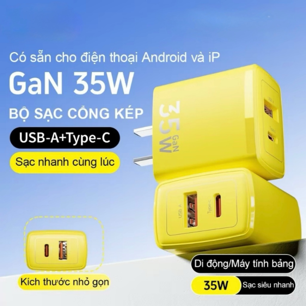 Củ Sạc Nhanh Gan 35W Basemo Màu Vàng Sạc Bảo vệ Máy Không Nóng Máy 2 Cổng Sạc USB - Type C 35W