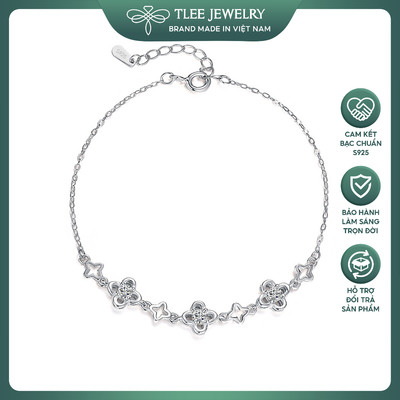Lắc tay bạc nữ TLEE cỏ bốn lá đính đá kết hợp charm hoa rỗng thu hút may mắn, bình an TLEE JEWELRY LT0460