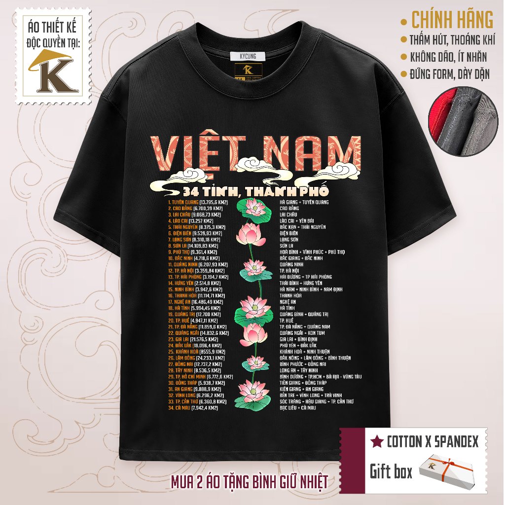 Áo 34 tỉnh thành phố mới Việt Nam, Áo in hoa văn bản sắc dân tộc Việt Nam, áo thun unisex chất cotto