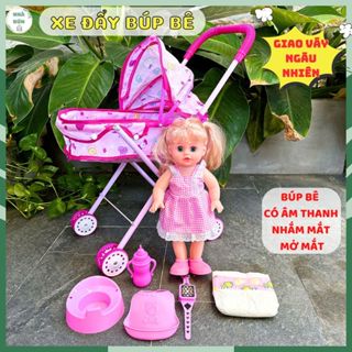  Đồ Chơi Xe Đẩy Em Bé Cỡ Đại Có Âm Thanh Nhắm Mắt Mở Mắt Và Các Phụ Kiện Bỉm Bình Sữa Bô Tè Em Bé Biết Khóc C48 