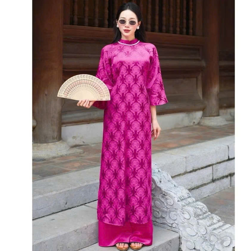 Sét Áo dài cách tân nữ gấm thượng hải dáng suông hoa hồng đại đẹp sang trọng nhất mặc leex tiệc