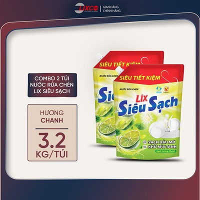 Combo 2 túi nước rửa chén LIX 6.4KG siêu sạch siêu tiết kiệm, làm sạch vết bẩn dầu mỡ không hại da tay, Lixco Việt Nam