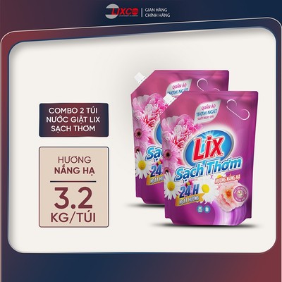 Combo 2 túi nước giặt Lix sạch thơm hương nắng hạ 3.2kg 2C-N7310 chứa hạt lưu hương thơm hơn Lixco Việt Nam