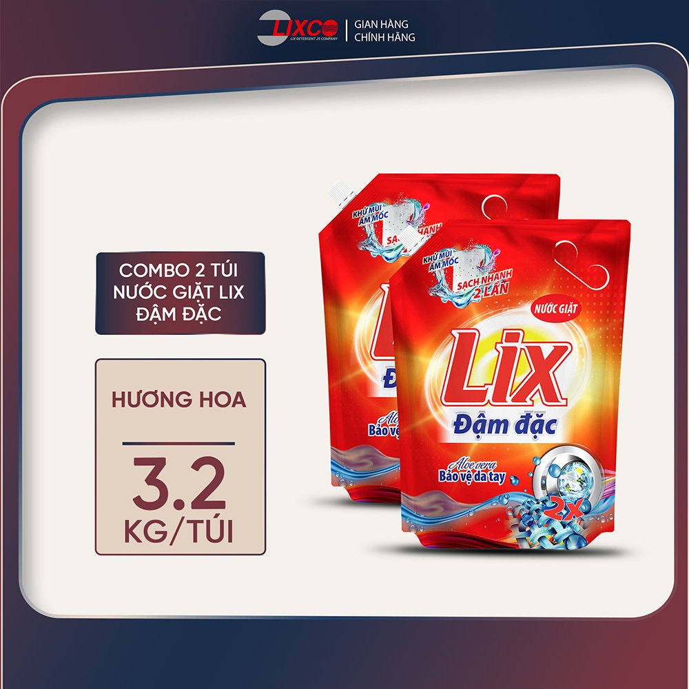 Combo 2 Túi nước giặt Lix đậm đặc hương hoa túi 3.2kg/ túi làm sạch cực nhanh vết bẩn 2C-NG003