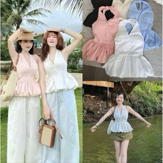 (DEAL MỞ BÁN) ÁO YẾM CỘT NƠ CỔ DÁNG BÍ PHỒNG HACK DÁNG ÔM EO SIÊU XINH