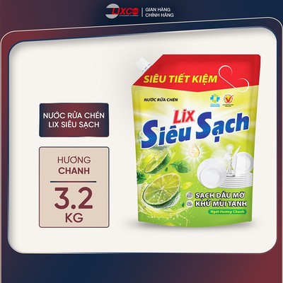 Nước rửa chén LIX 3.2KG siêu sạch các hương loại túi làm sạch vết bẩn dầu mỡ không hại da tay