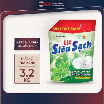 Nước rửa chén LIX siêu sạch hương trà xanh loại túi 3.2kg làm sạch vết bẩn dầu mỡ không hại da tay
