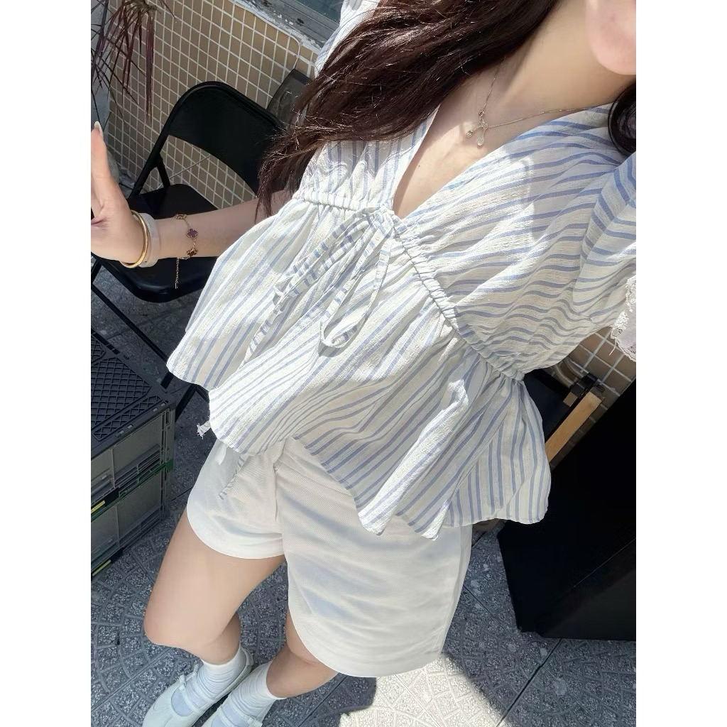 (ẢNH OLDSCHOOL) Áo babydoll chất thô kẻ sọc xanh phối ren xẻ V ngực IRENE TOP 7007 | BigBuy360 - bigbuy360.vn
