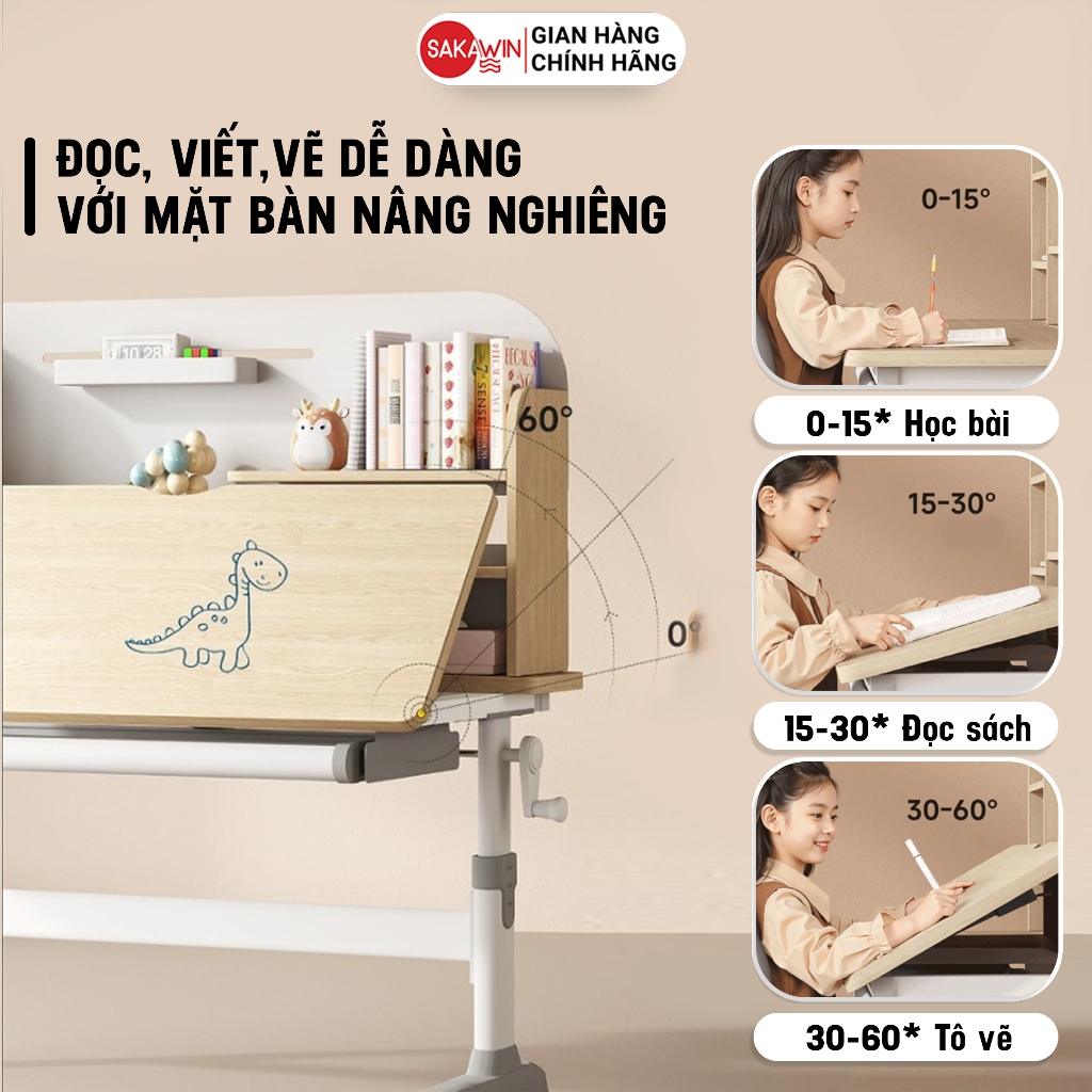 (Bản Cải Tiến) Bộ bàn học chống gù Sakawin S110 Bàn học cho bé tiểu học Điều chỉnh chiều cao bằng tay quay. | BigBuy360 - bigbuy360.vn