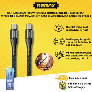  Cáp sạc nhanh 100W tự ngắt thông minh đèn led REMAX Type C to C Smart Power-off Fast Charging Data Cable RC-C115 C-C 