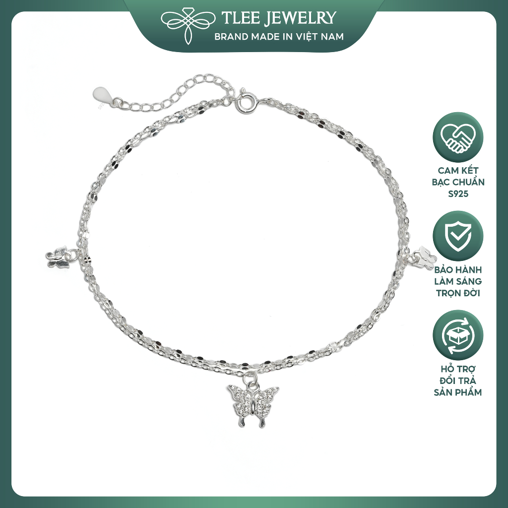 Lắc chân bạc nữ TLEE dây kép hoa chặn treo charm hồ điệp đính đá xinh xắn TLEE JEWELRY LC0138