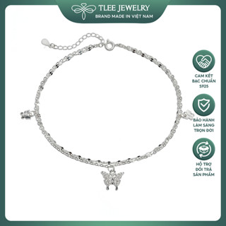 Lắc chân bạc nữ TLEE dây kép hoa chặn treo charm hồ điệp đính đá xinh xắn TLEE JEWELRY LC0138
