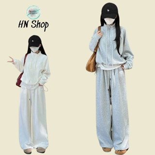 Set bộ nỉ nữ form rộng, áo sweater cổ cao phối khóa kéo dáng croptop kèm quần suông basic Hàn Quốc