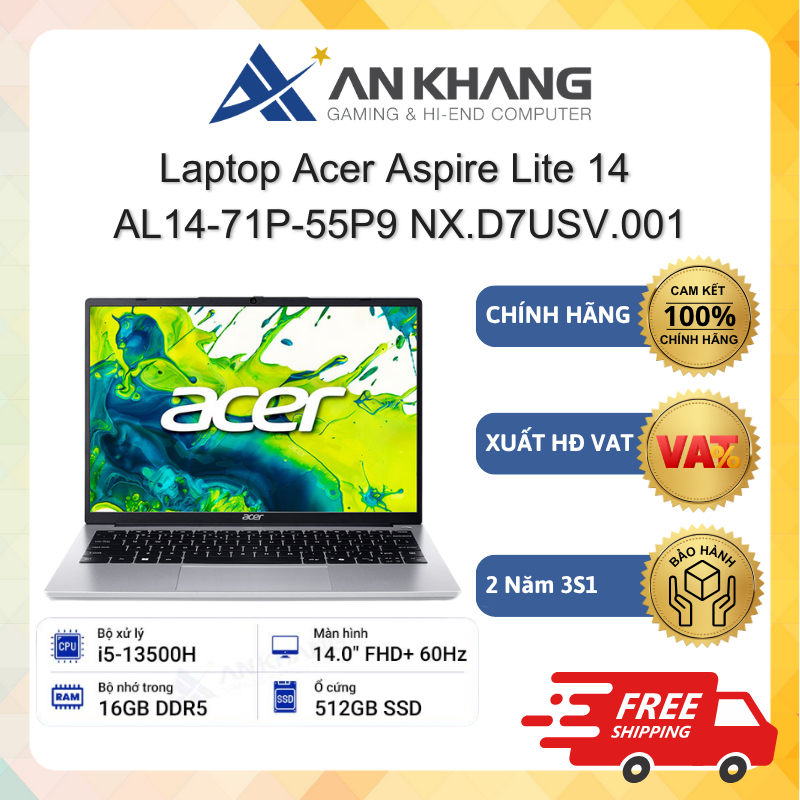 Laptop Acer Aspire Lite 14 AL14-71P-55P9 NX.D7USV.001 (i5-13500H, 16GB, 512GB, 14.0", Bạc) Chính hãn