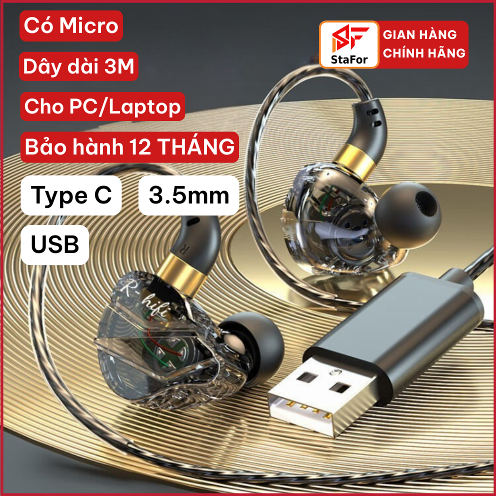 Tai nghe GAMING cho PC/Laptop/Điện thoại nhét tai in ear dây dài 3M có mic đàm thoại jack USB, Type C, Micro 3.5mm