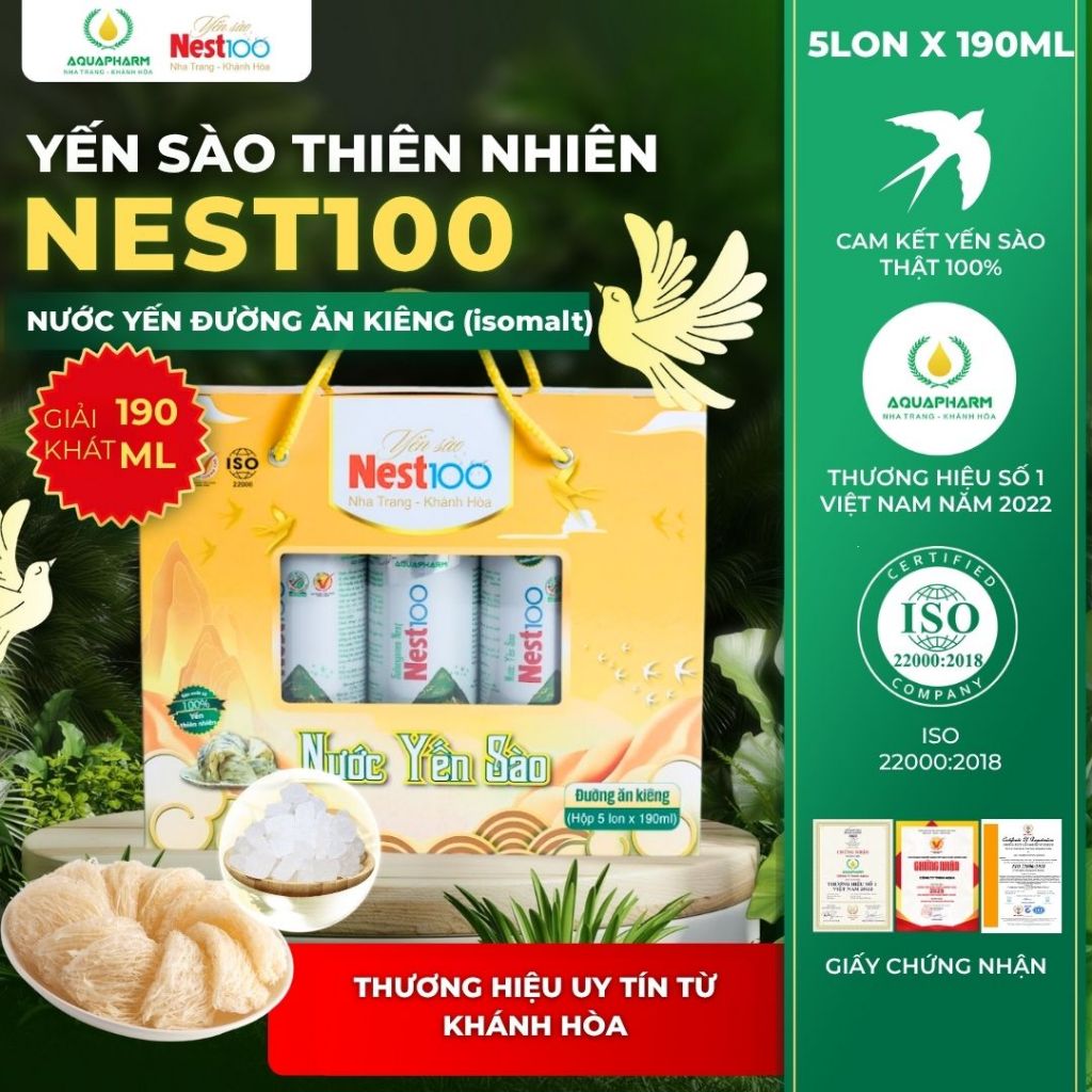 [Hộp 5 lon 190ml] Nước Yến Sào Nest100 Đường Ăn Kiêng Lon - Giải khát thanh mát, an toàn, bổ dưỡng