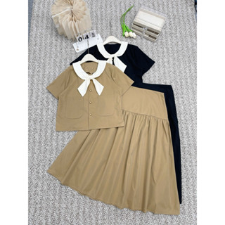 Set kaki cổ nơ trắng chân váy dài BIGSIZE ( 21363 )